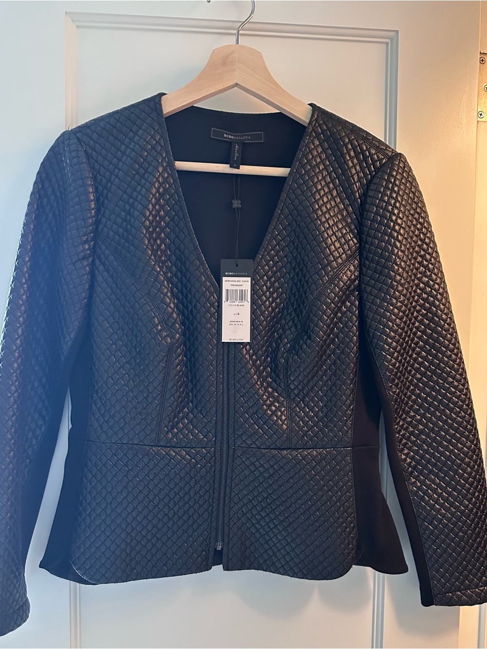 BCBGMaxAzria Black Quilted Faux-Leather V-Neck Zip Jacket
